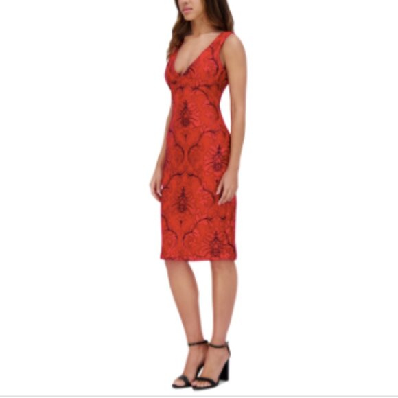 Siena Women's V-Neck Embroidered-Mesh Sleeveless Dress - Red/black - Picture 2 of 3